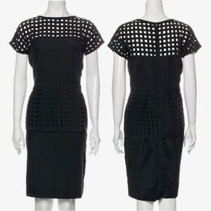 LELA ROSE Black Silk Pencil Dress w Lattice Grid Detail Cocktail Dress